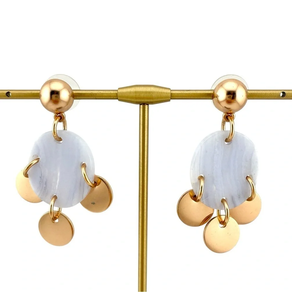 J. Crew Earrings with Light Blue Agate like Discs with Gold Accents